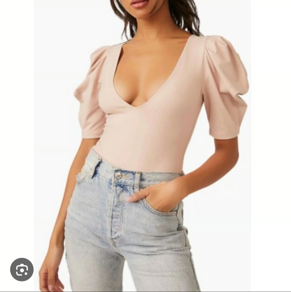 Free People Beige Puff Sleeve Bodysuit